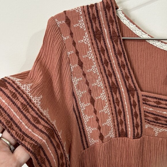 KNOX ROSE Terracotta Cream Mini Dress L Boho Crinkle Rayon Tunic Short Sleeve - Picture 3 of 10